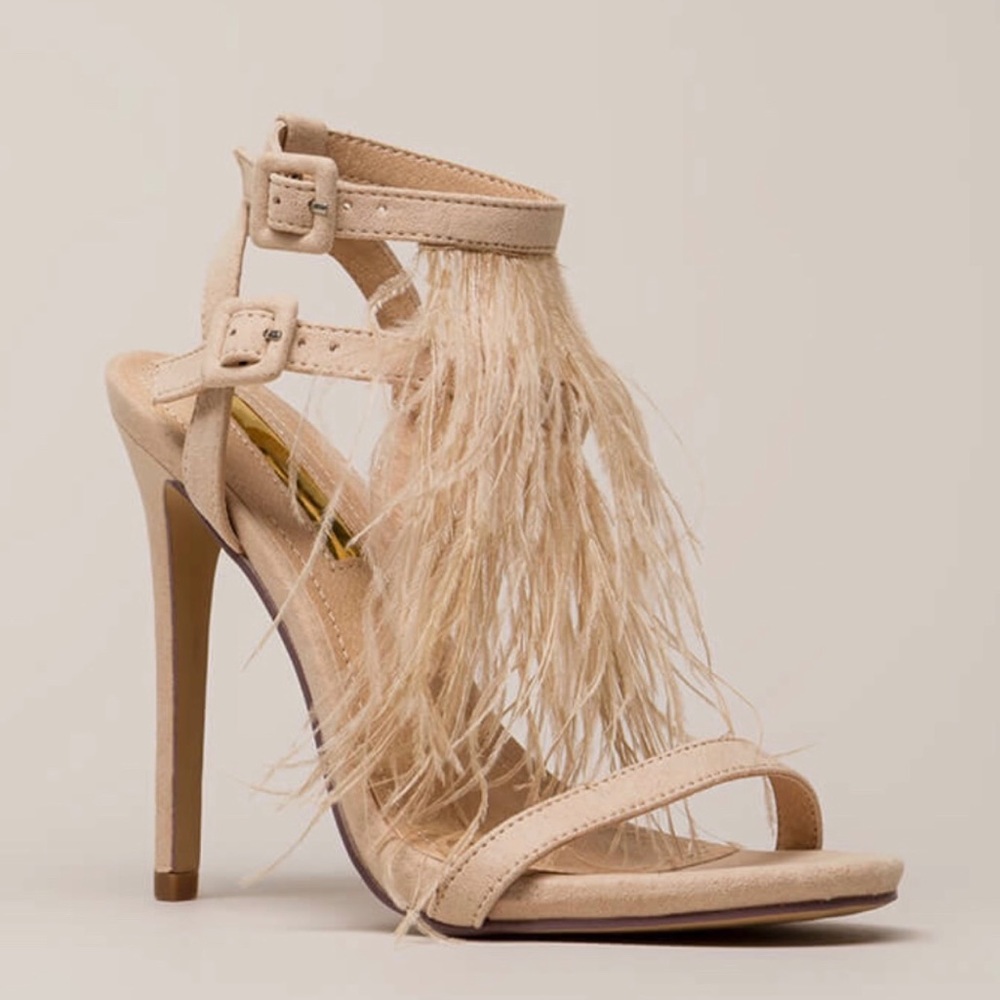 🔥Hot Sale 🔥 Nude Feathered Open Toe Heels